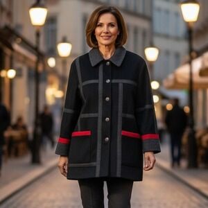 Vtg LORING Coat Jacket Womens Sz XL Black Gray Red Wool‎ Geometric Retro Pockets